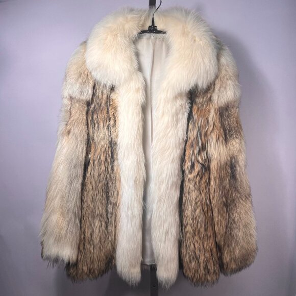 VTG Natural Coyote Coat with Natural Shadow and White Fox Tuxedo Trim M - Picture 1 of 9
